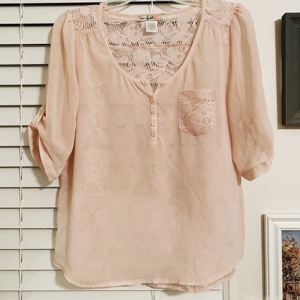 Love squared brand, light pink lacy, sheer blouse
